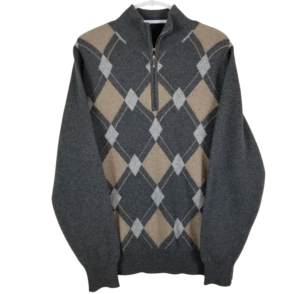 MacAlan‎ Scotland 100% Pure Cashmere Argyle Quarter Zip Sweater Mens Medium Grey